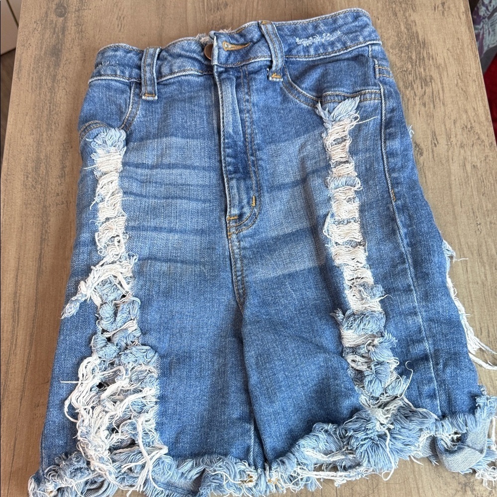 Fashion Nova Blue Frayed Heavily distressed Denim Shorts